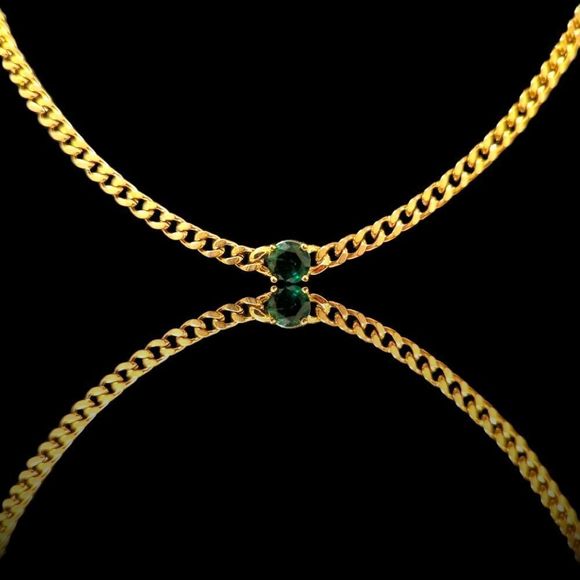 24" x 3mm 14K Gold Finish Green Stone Cuban Chain Over Stainless Steel. - Picture 9 of 11
